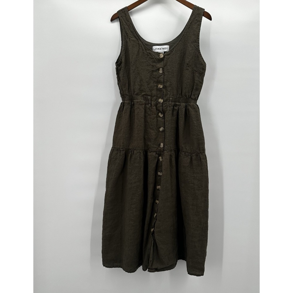 LF Markey Dress Womens 6‎ Green Linen Olive Farrell Midi Buttons Gathered Waist